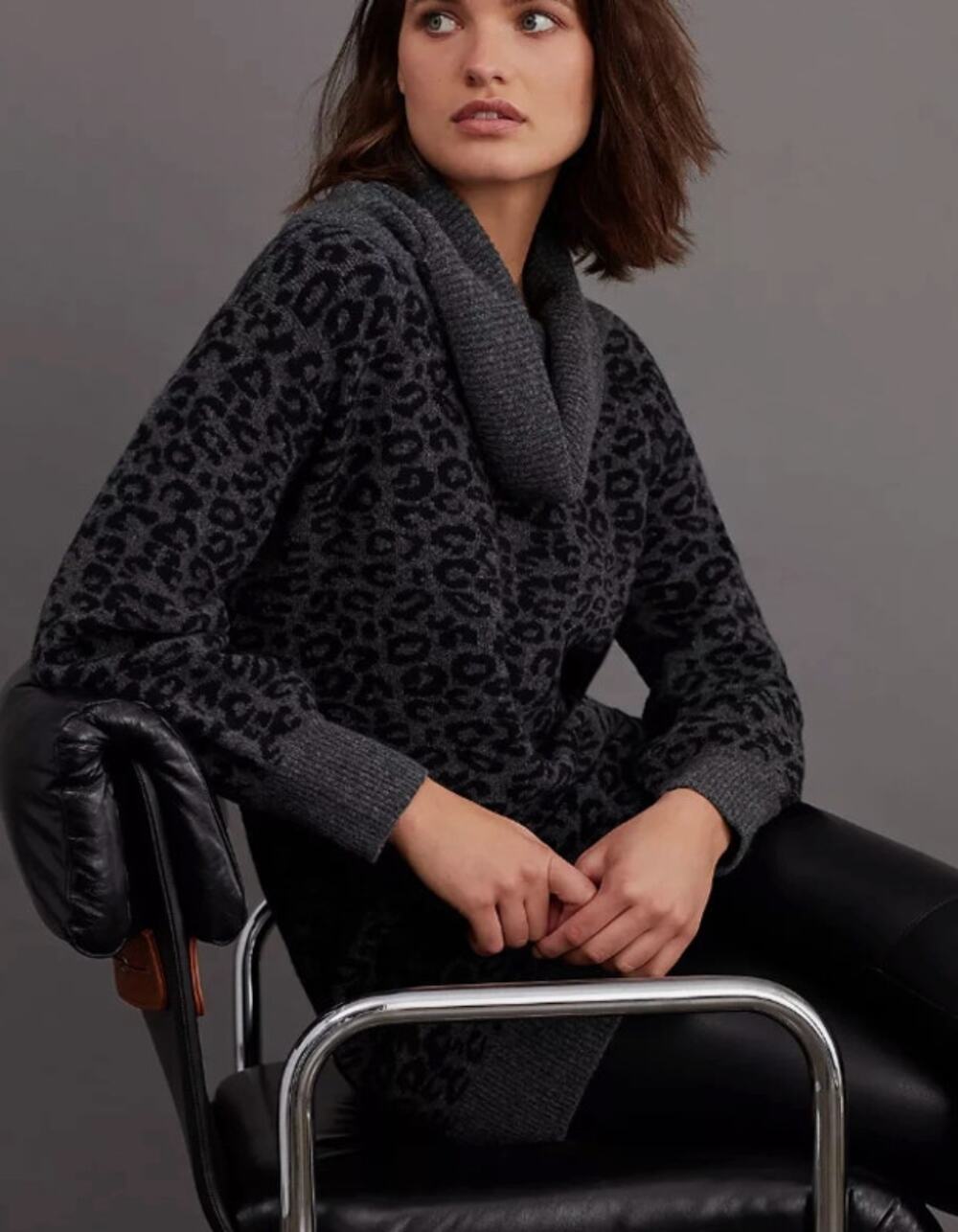 Anthropologie Emmy Cowl Cheetah Tunic Sweater Gray 3X